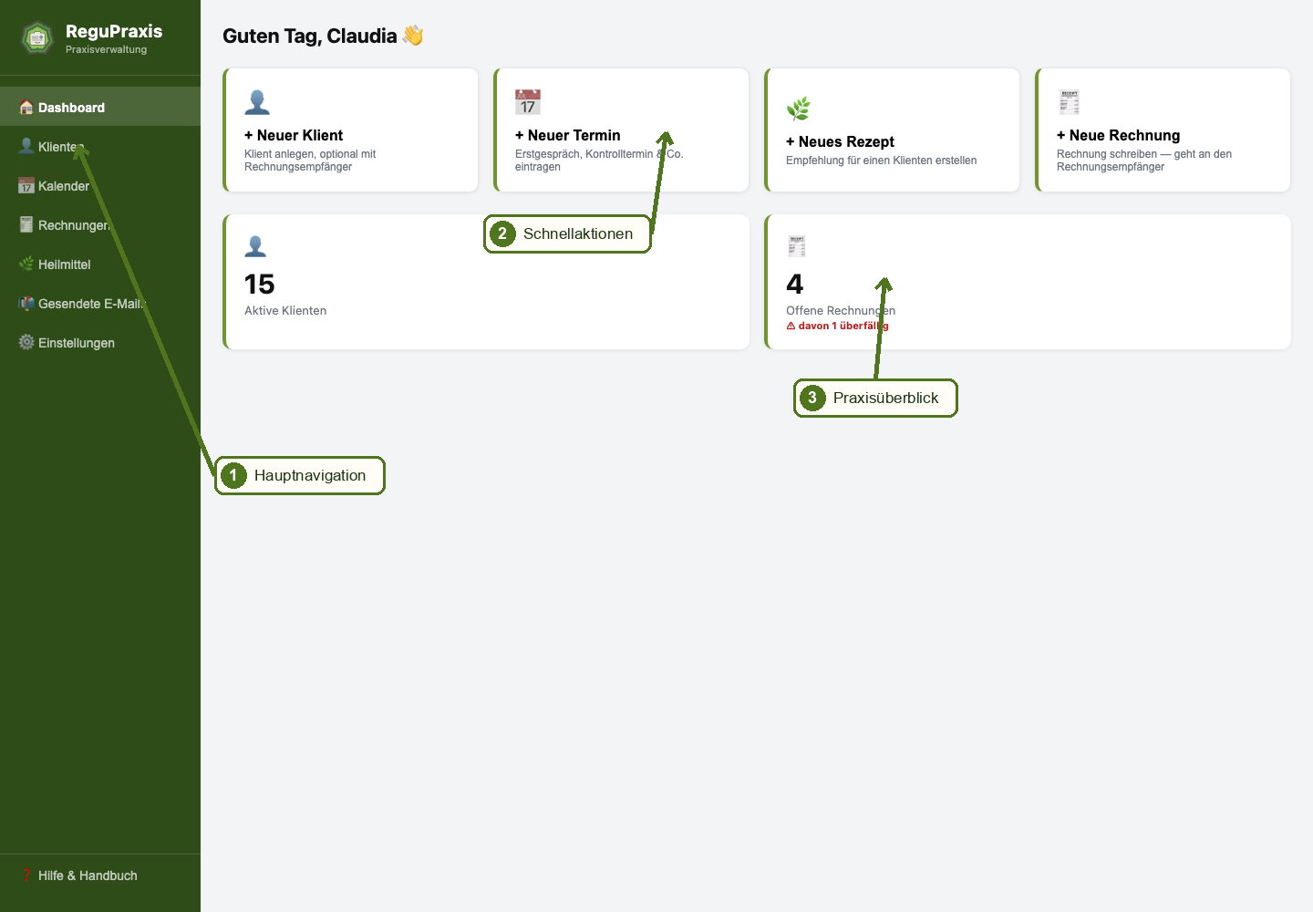 Dashboard mit markierter Navigation und Schnellaktionen