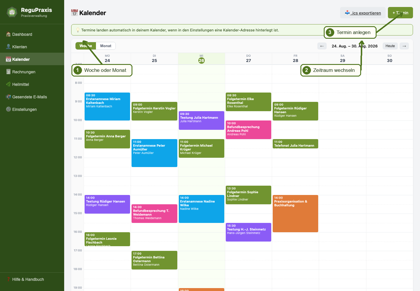 Kalender mit markierten Bedienelementen